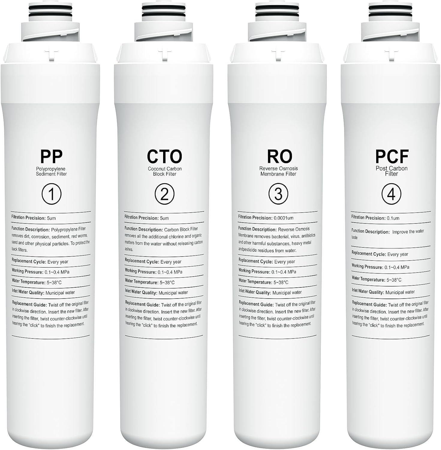 4-Pack Replacement Filter Set Compatible with Bluevua RO100ROPOT RO100ROPOT-UV RO System (1 PP, 1 CTO, 1 RO, 1 PCF)