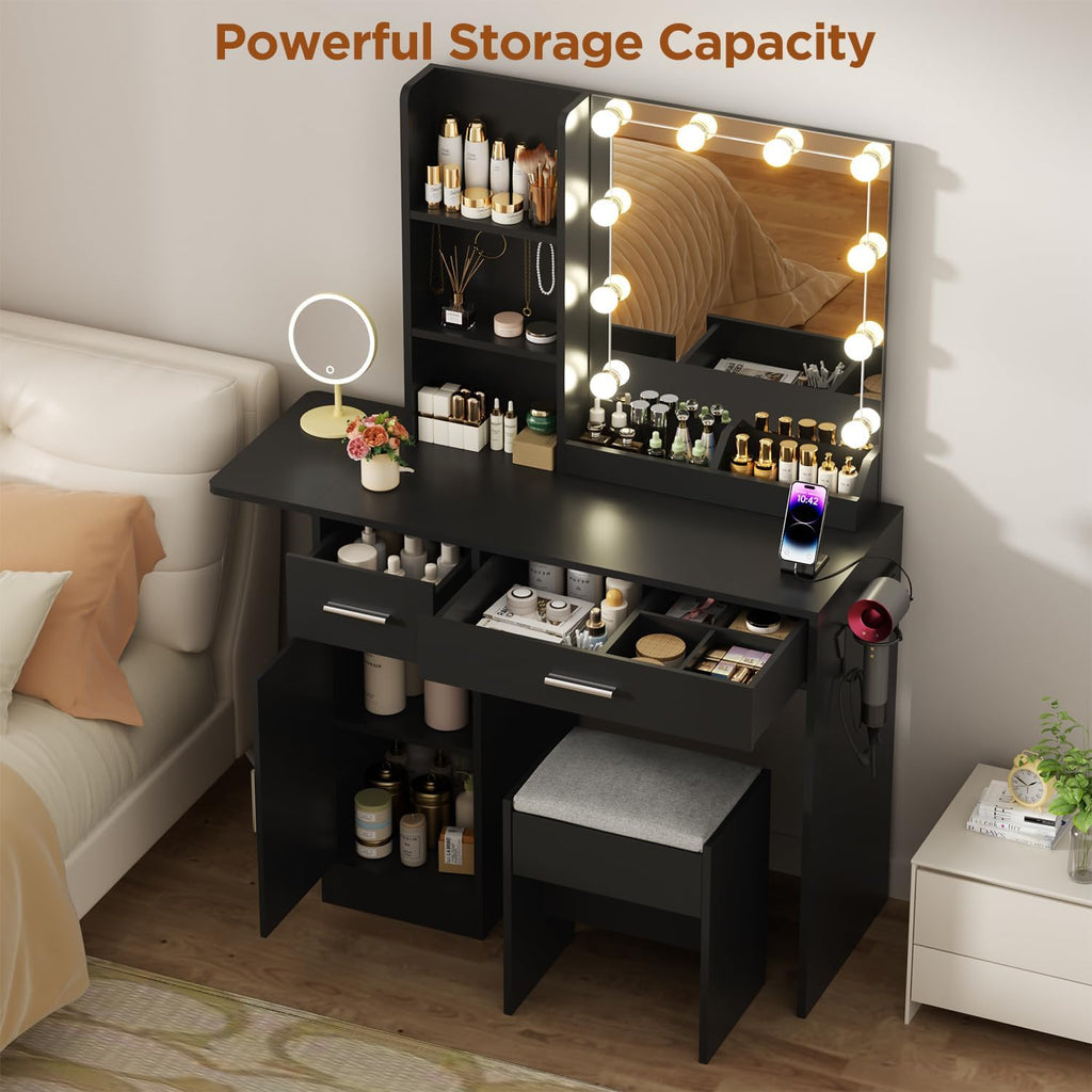 ERLEJIA Vanity Desk with Mirror and Lights, 43.3' Makeup Desk with Stool and Power Outlet, 5 Drawers and Open Shelves Make Up Table for Bedroom, Black