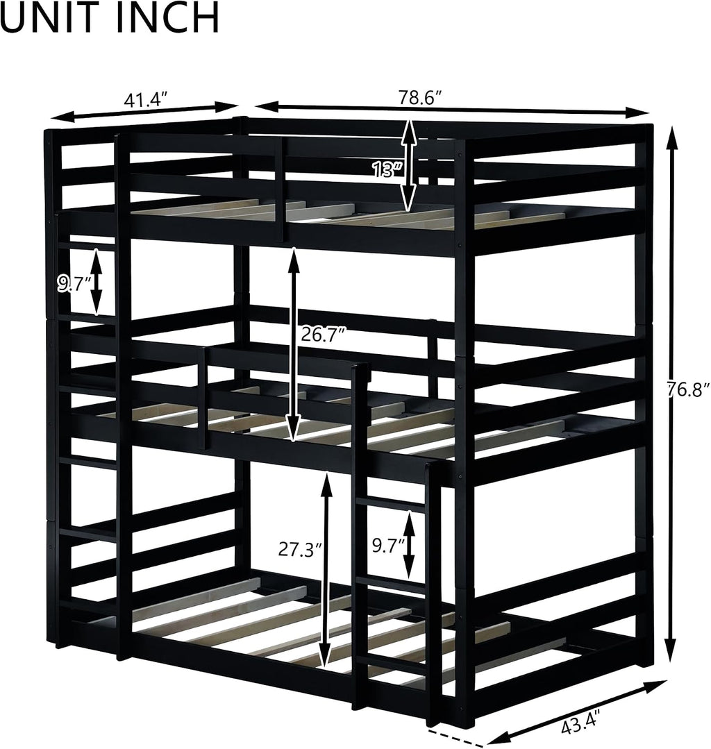 Triple Bunk Bed, Detachable Triple Twin Bunk Bed, 3 Rubber Wood Bunk Bed with Two Built-in Ladders, Guardrails, Twin Over Twin Over Twin for Kids, Black