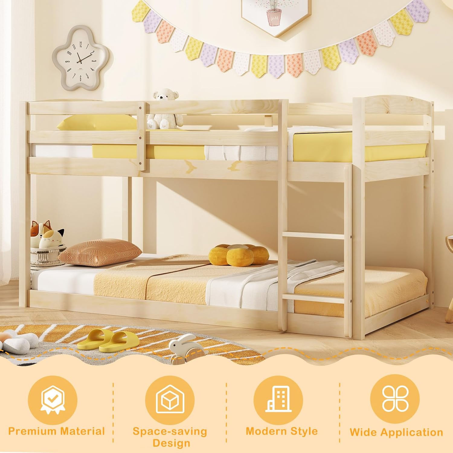 KOMFOTT Low Bunk Bed Twin Over Twin, Solid Wood Twin Bed Frame with Built-in Ladder & Safety Guardrails, Space-Saving Low Bunk Bed for Kids, Teens, No Box Spring Needed