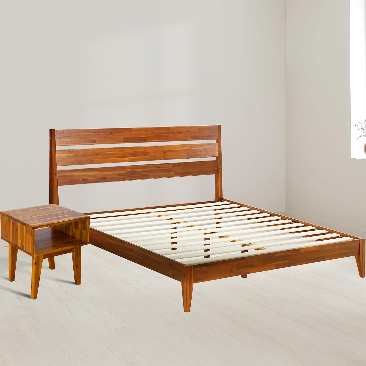 Acacia Emery Bed Frame with Serena Nightstand Set – Solid Wood Bedroom Set, Modern Minimalist Design, Ton-Sur-Ton, Queen Size Bed, Caramel