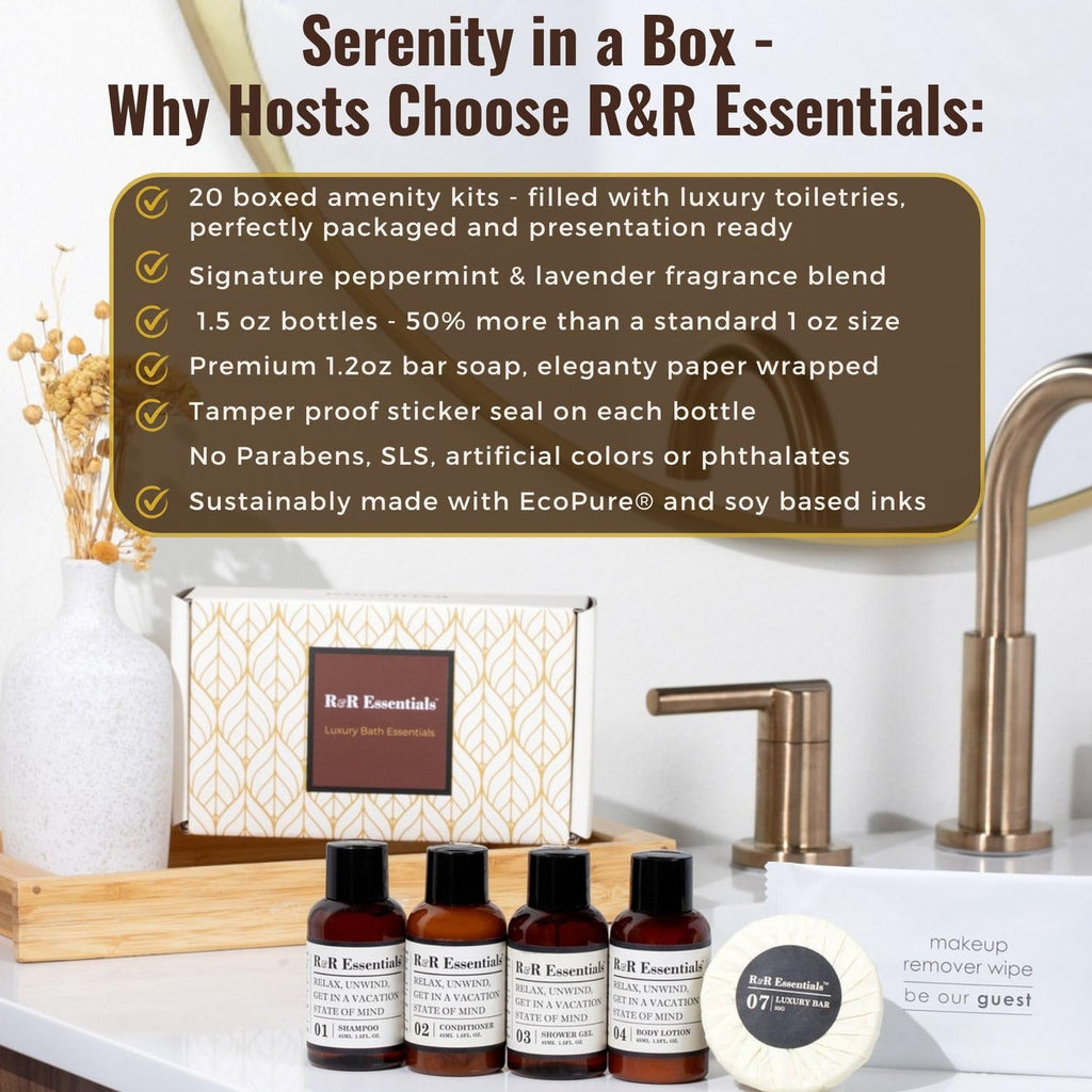 20 Display Ready Boxed Amenity Kits with Premium Hotel Toiletry Essentials - 1.5 oz Shampoo, Conditioner, Shower Gel, Lotion, 1.2 oz Guest Soap & 2 Makeup Remover Wipes - Air bnb & Vacation Rentals