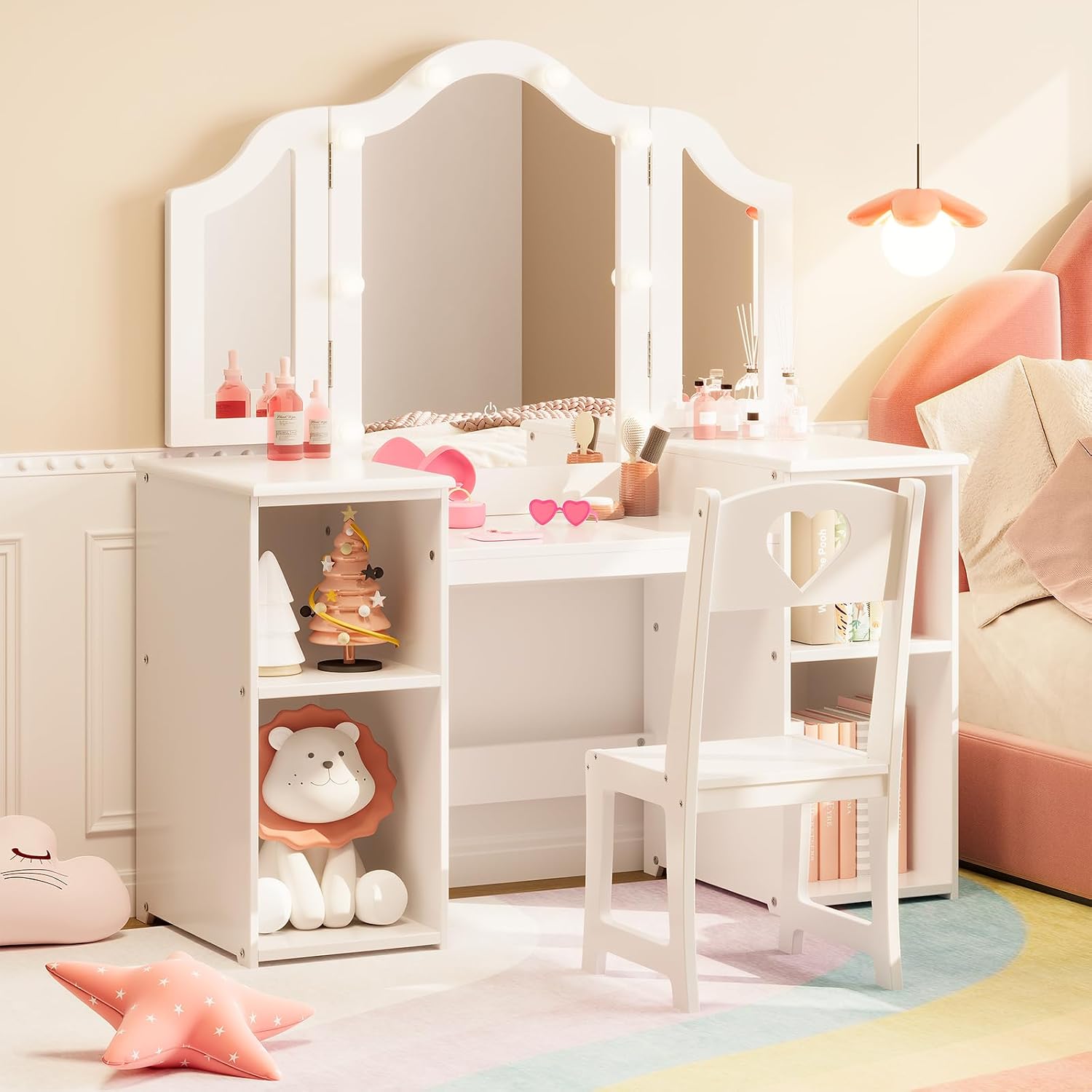 Kids Vanity Table and Chair Set, 2 in 1 Princess Vanity with Touch Light Tri-Folding Mirror, Detachable Makeup Wood Desk with Storage Shelves, Convertible Kids Desk for Girls，White