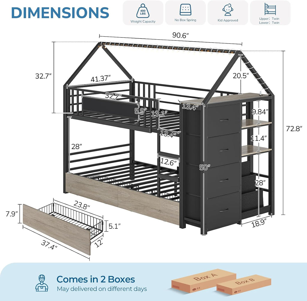 Twin Bunk Bed for Kids with 6 Storage Drawers, Montessori Bookshelf, House Shaped Bed with Globe String Lights and USB Ports, Metal Low Bunk Bed Twin Over Twin with Safety Guardrail and Ladder, Black