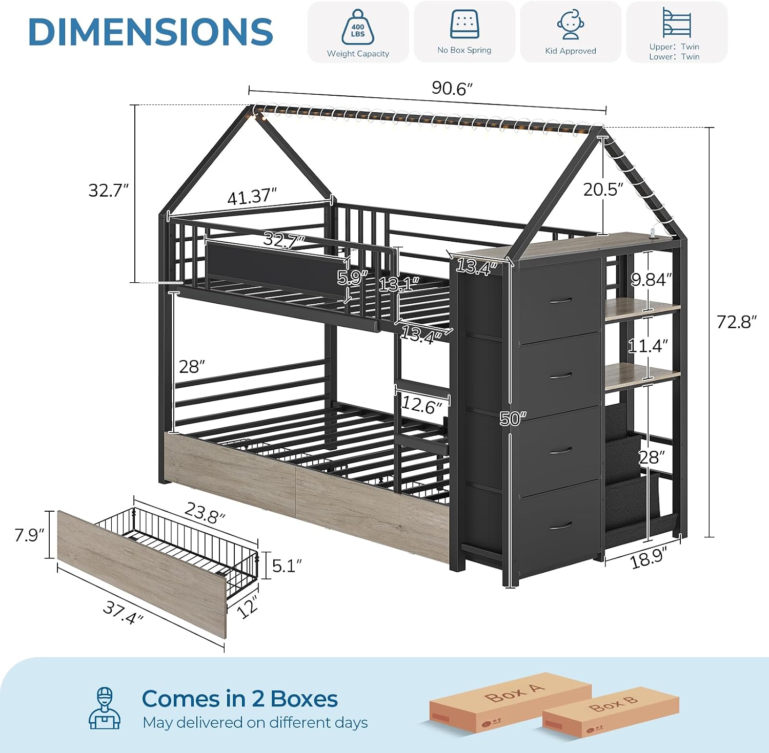 Twin Bunk Bed for Kids with 6 Storage Drawers, Montessori Bookshelf, House Shaped Bed with Globe String Lights and USB Ports, Metal Low Bunk Bed Twin Over Twin with Safety Guardrail and Ladder, Black
