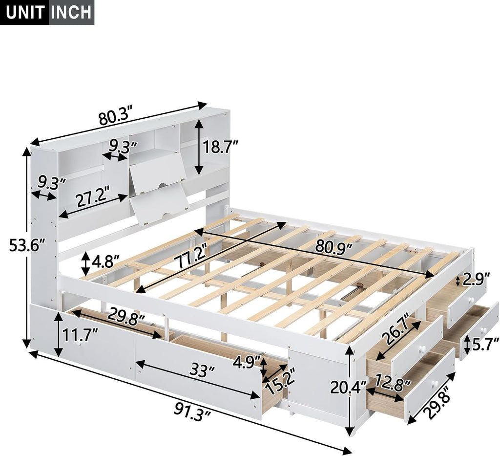 King Size Wood Platform Bed with 8 Storage Drawers and Bookcase Headboard for Bedroom (White, King)