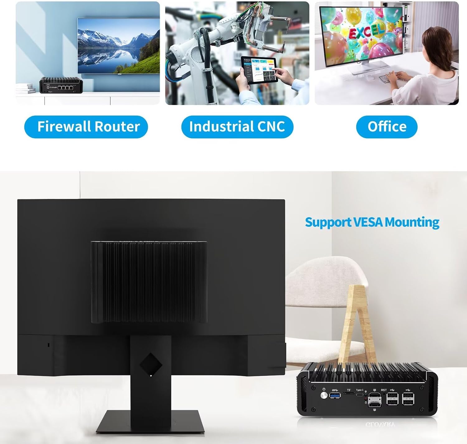 Firewall Micro Appliance J6413 4 Core, DDR4 8GB RAM 128GB NVMe SSD, 4 x i226V 2.5GbE LAN Fanless OPNsense Mini PC Router, AES-NI, 2HD+USB-C 3 Display Hardware, 2 x M.2 NVMe, TF Card Slot