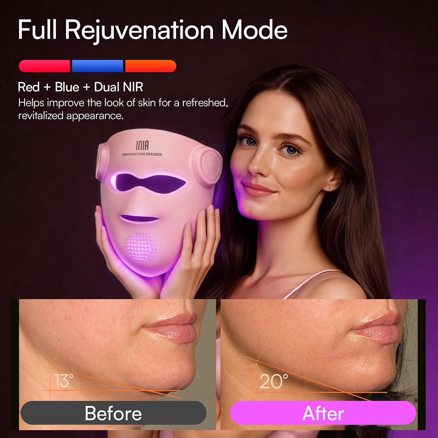 INIA Glow 4D Wireless Red Light Therapy Mask for face – Dual NIR, 320 LEDs, 4 Modes, Under-Eye Cooling, Cordless & Rechargeable LED Face Mask for Home & Travel, Skincare Gifts for Women Mom Wife, Pink