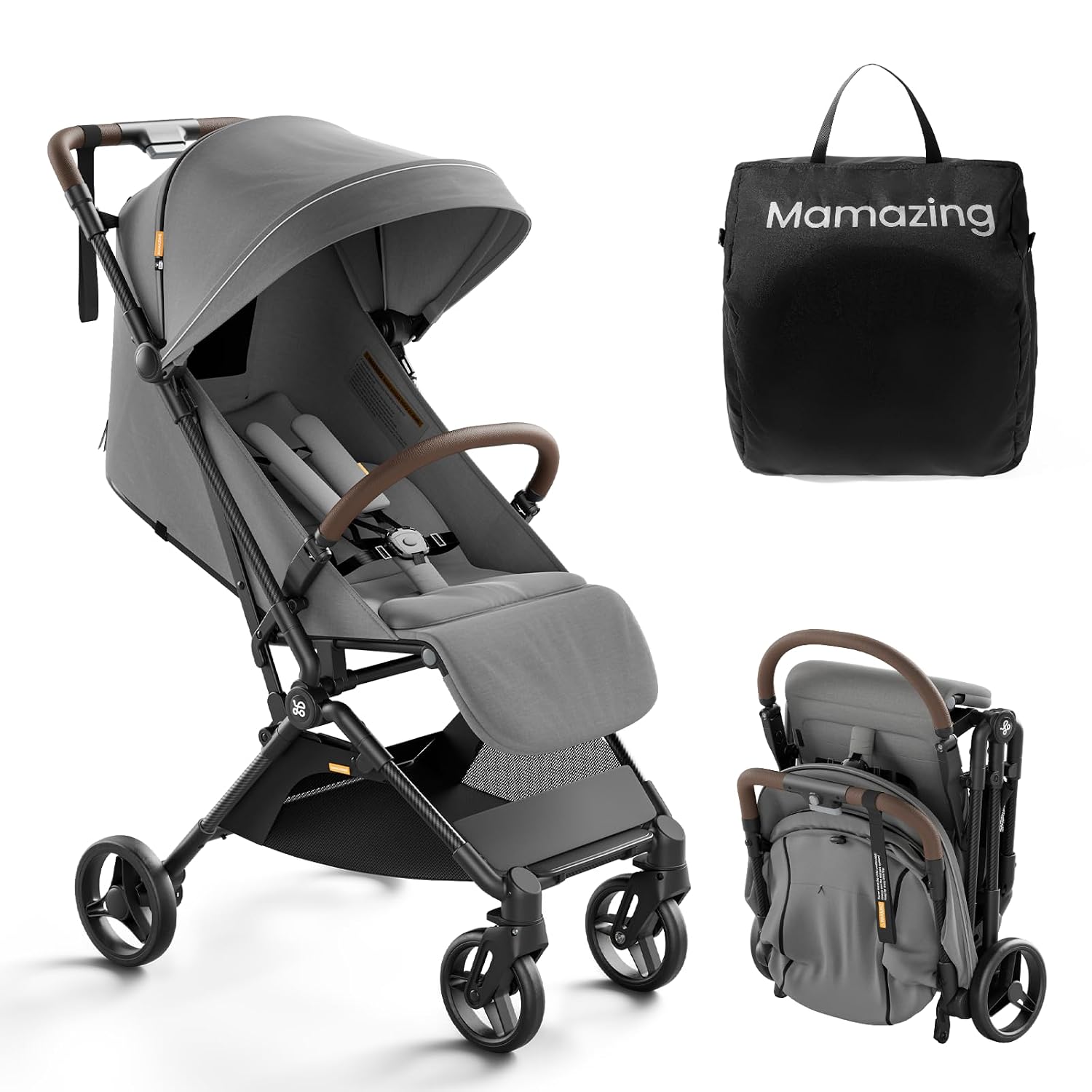 MAMAZING Ultra Air Lightweight Baby Travel Stroller with Carbon Fiber Frame, Compact & Airplane-Friendly, One-Handed Fold, 11.6 lbs, Perfect for Toddlers, Grey
