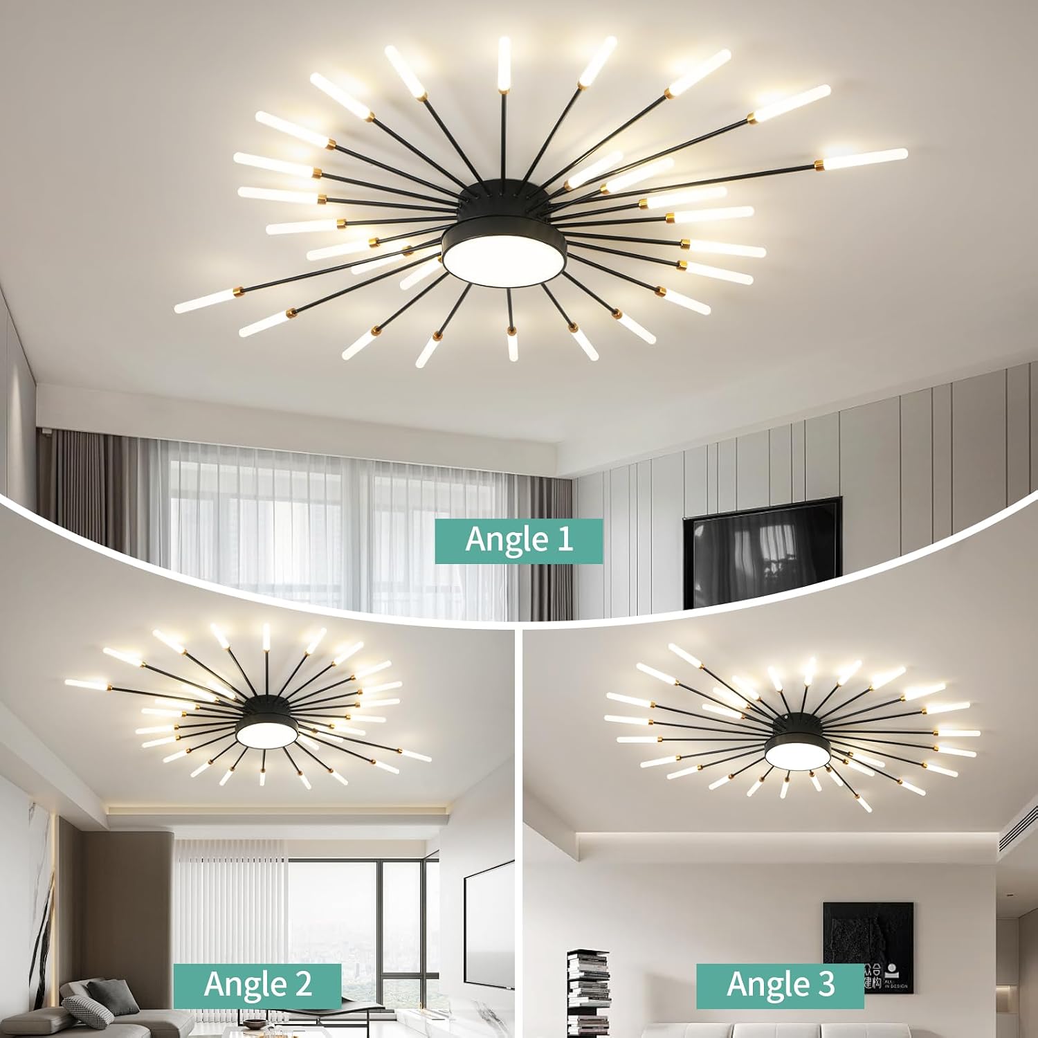 ziidoo Modern Ceiling Light, 28+1 Lights Metal Firework Designed Chic Led Lighting Fixture for Farmhouse Kitchen Dining Room Bedroom Hallway Living Room (Black)