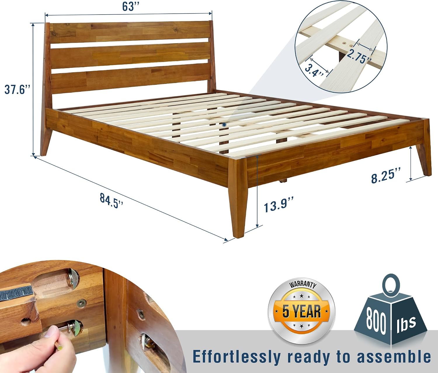 Acacia Emery Bed Frame with Serena Nightstand Set – Solid Wood Bedroom Set, Modern Minimalist Design, Ton-Sur-Ton, Queen Size Bed, Caramel