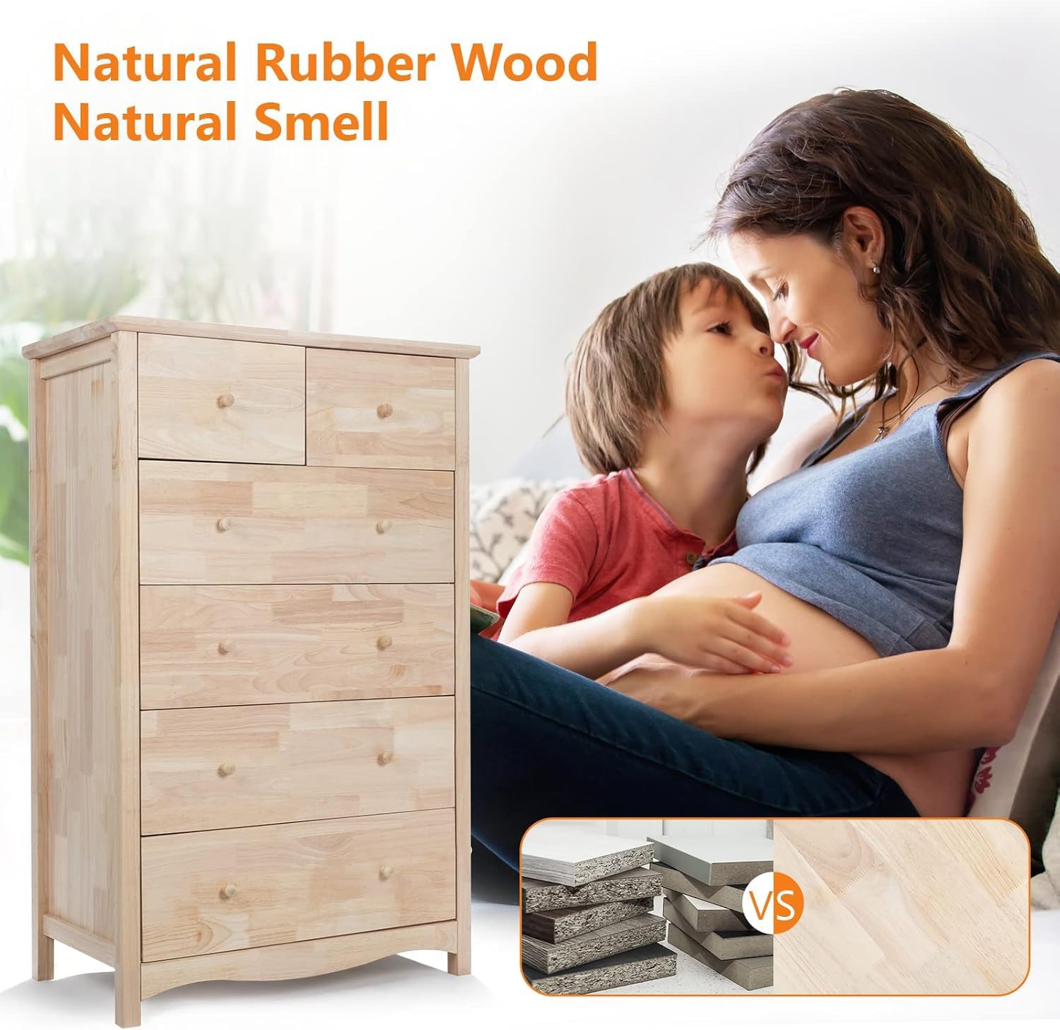 VINGLI Unfinished Natural Solid Wood 6 Drawer Dresser for Bedroom, Farmhouse Dressers & Chests of Drawers Color DIY Rubber Wood Tall Dresser with Full Extension Drawer Slides & Wood Knobs Rustic Style