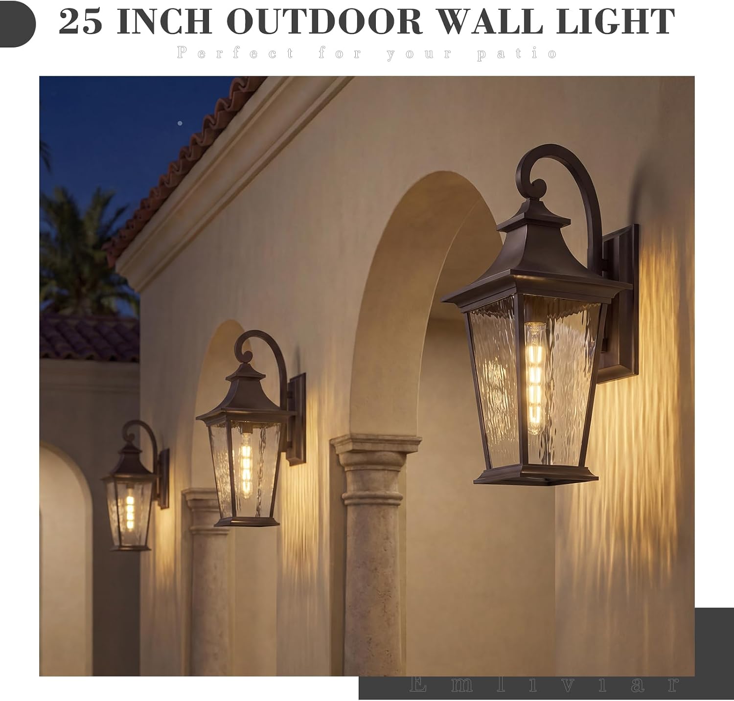 Emliviar 25.2' Outdoor Porch Light, Outside Wall Sconce Lamp for Front Yard, Rustic Exterior Lighting Waterproof in Oil Rubbed Bronze Finish, Water Ripple Glass, XE220B-SW ORB