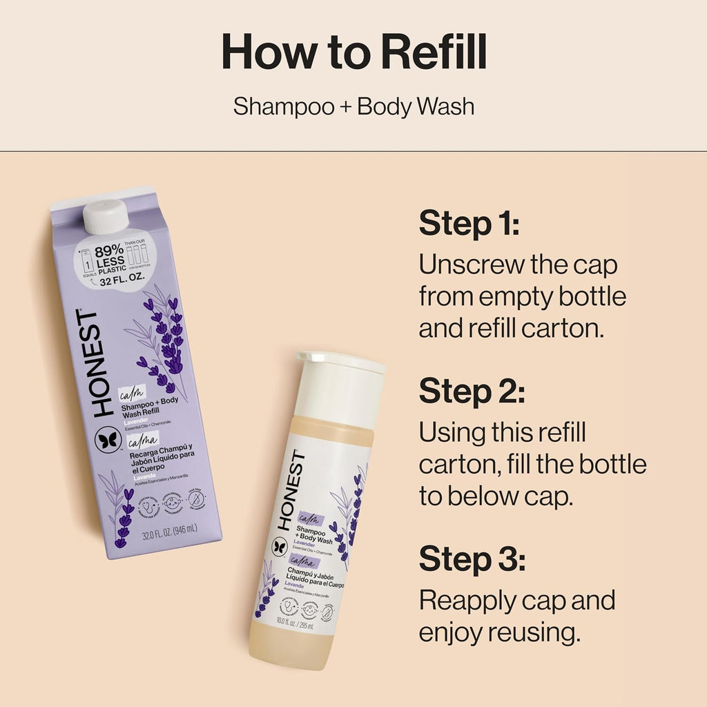 The Honest Company 2-in-1 Cleansing Shampoo Body Wash Refill Carton Gentle for Baby, Naturally Derived, Tear-free, Hypoallergenic, Lavender Calm, 32 fl oz (Pack of 6)