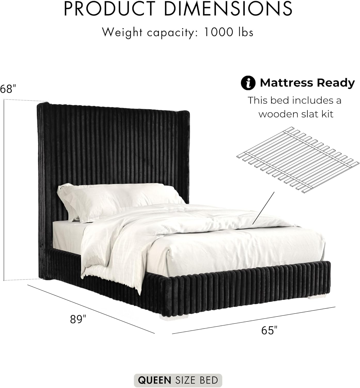 Furniture of America Plutforn Modern Wood 65-inch Queen Platform Bed with Fur Chenille Fabric, No Box Spring Required for Bedroom, Guest Room, Black