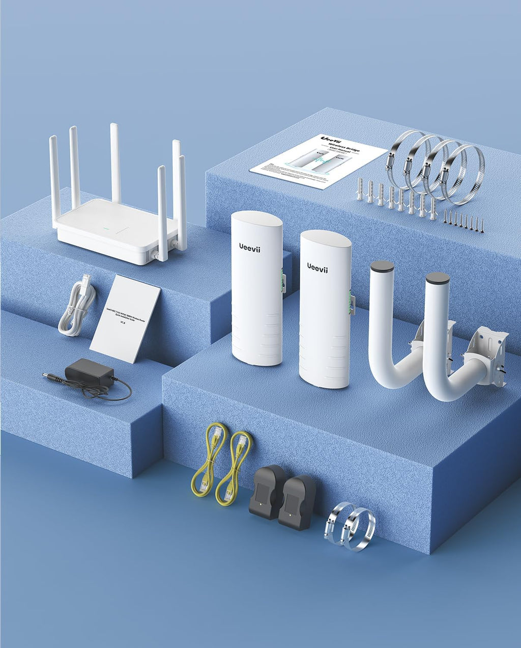 UeeVii Wireless Bridge Point to Point Outdoor CPE452Kit,with AX3000 WiFi Router,Adjustable Pole Mount,5.8G 3KM Range Wifi Bridge PtP/PtMP,Work with Starlink,Extend Network to Barn Garage,24V POE Power