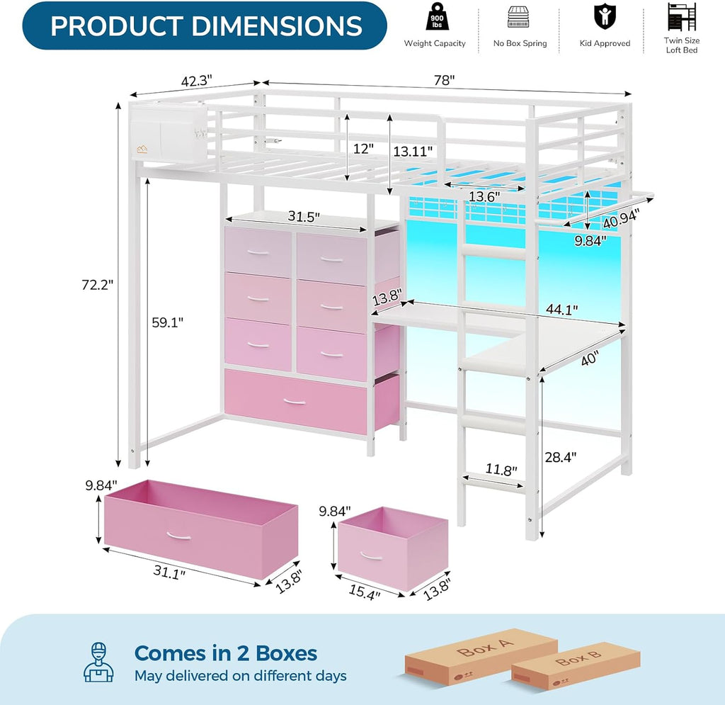 Twin Loft Bed with L-Shaped Desk, 7 Storage Drawers, Loft Bed Twin Size for Kids with LED Lights and Charging Station, Open Shelf & Pegboard, Metal Frame with Safety Guardrail & Ladder, White and Pink
