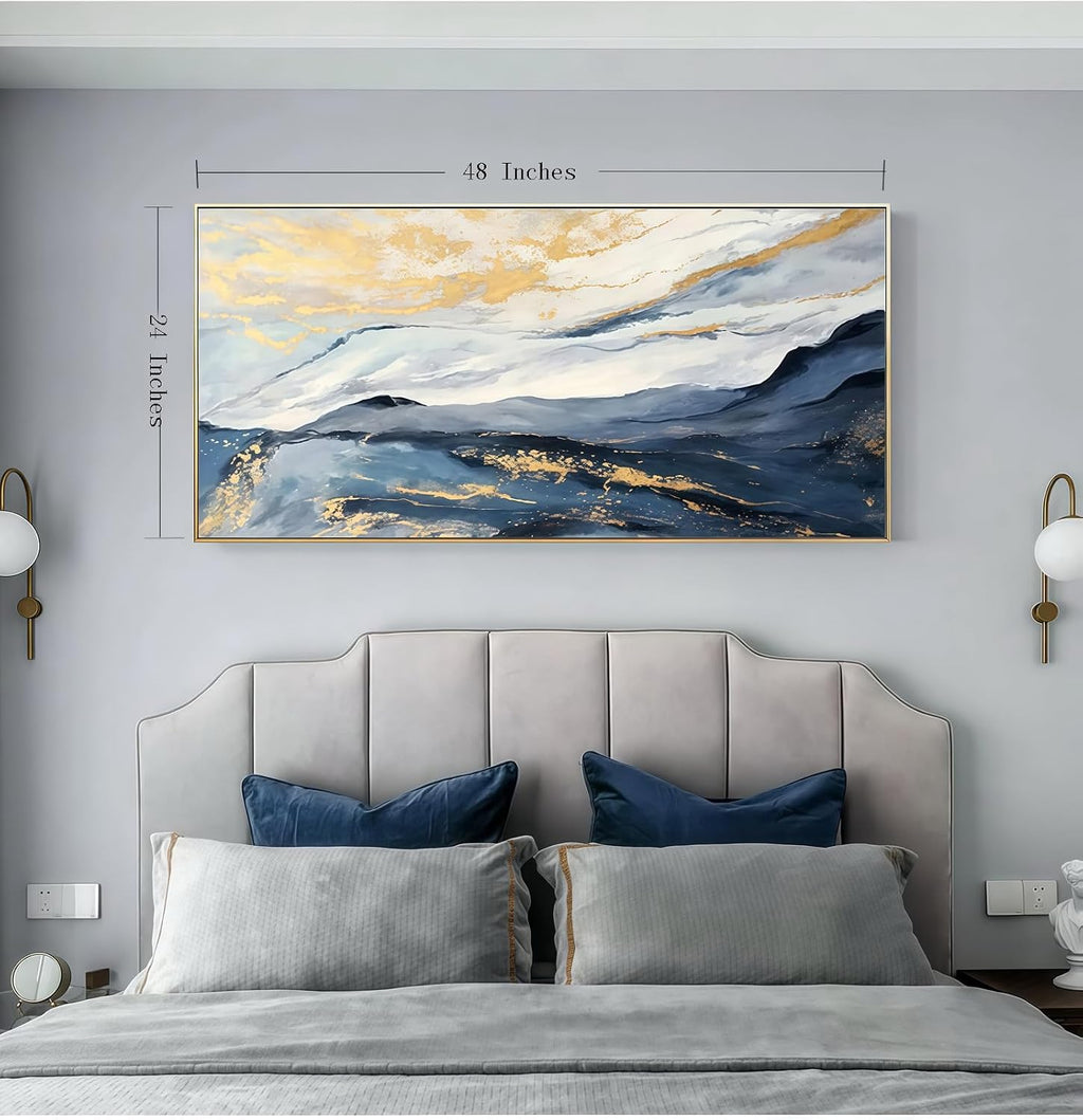 Large Blue and Gold Mountain Wall Art for Living Room, Framed Blue Abstract Painting for Bedroom,Modern Landscape Office Wall Decor Ready to Hang 24x48 Inches