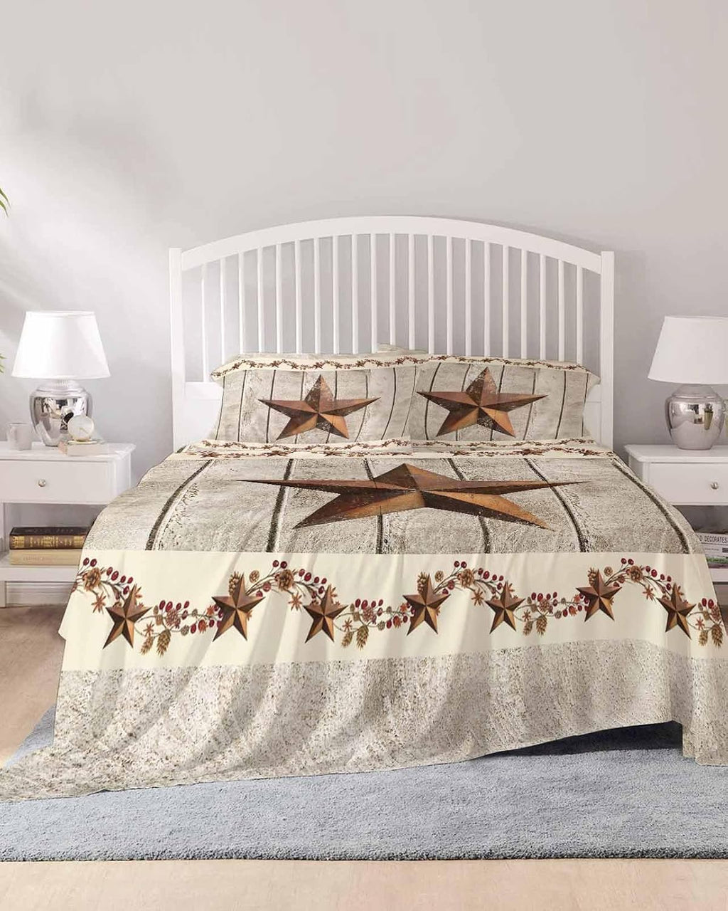Western Texas Star Retro Cal King Sheet Set 4 Piece Bedding - Country Farmhouse Gray Wood Grain Breathable Comfy Cooling Bed Sheets & Pillowcase Sets, Hotel Flat Sheets Deep Pockets Fitted Sheet