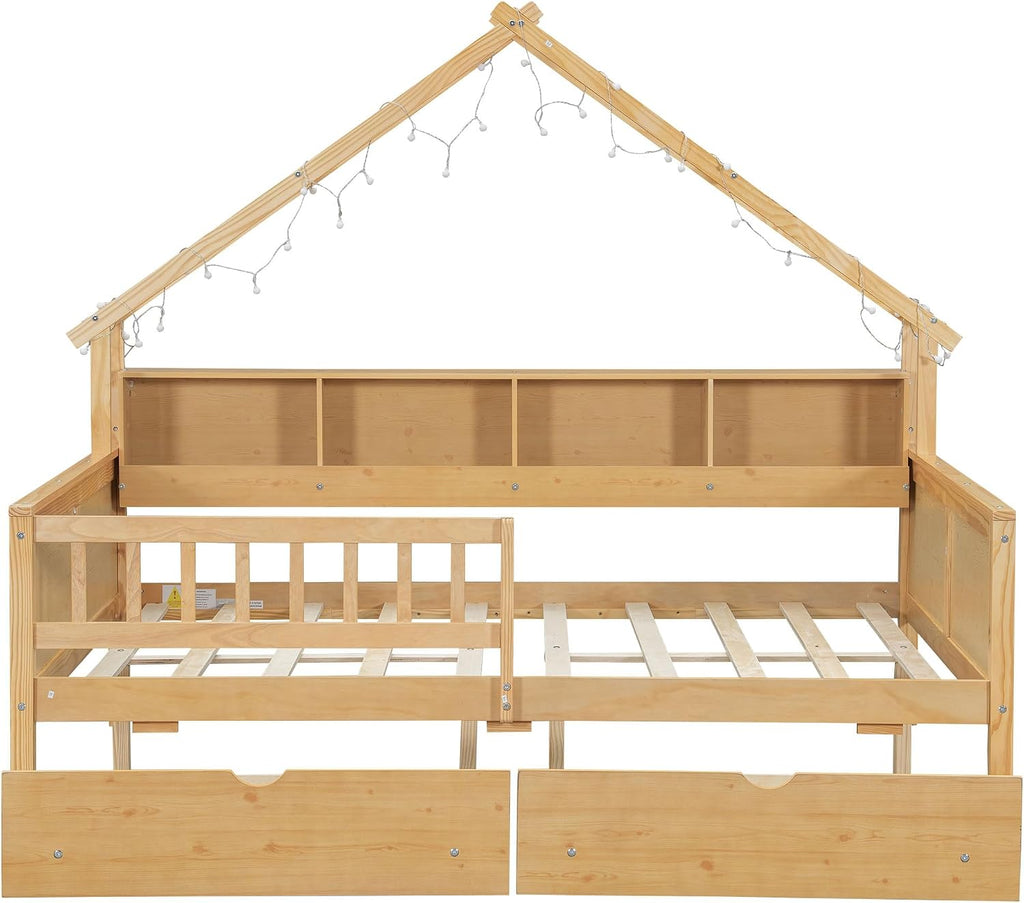 JIVOIT House Beds Wood Platform Bed, Full Size Platform Bed Frame with Storage Shelves, Drawers and Guardrail, Wood Slats Support, No Box Spring Needed (Natural/509)