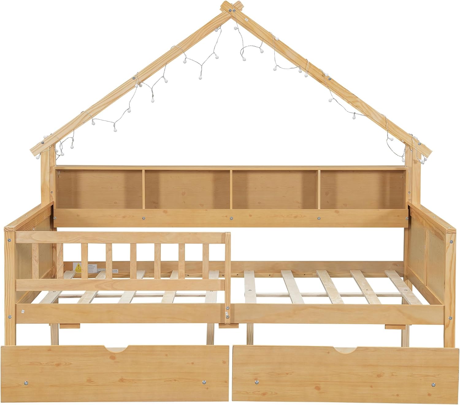 JIVOIT House Beds Wood Platform Bed, Full Size Platform Bed Frame with Storage Shelves, Drawers and Guardrail, Wood Slats Support, No Box Spring Needed (Natural/509)