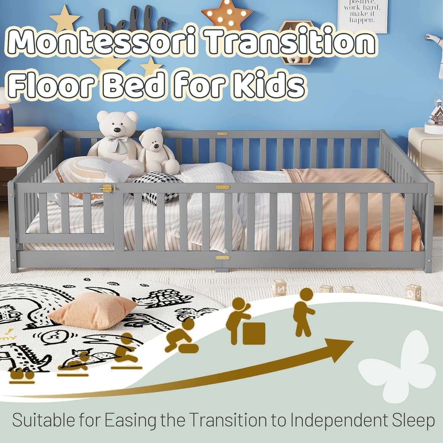 Queen Size Floor Bed, Wooden Montessori Bed Frame with Door, Montessori Floor Queen Bed with Rails for Boys and Girls, No Box Spring Needed, Grey