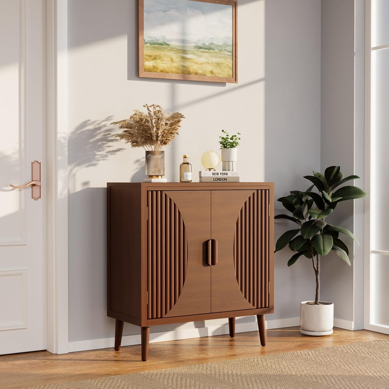 COSIEST Set of 3 30' Storage Sideboards with Doors, Accent Cabinets with Magnetic Push-to-Open Doors, Brown Line Pattern, Entryway Console for Living Room, Kitchen, Hallway