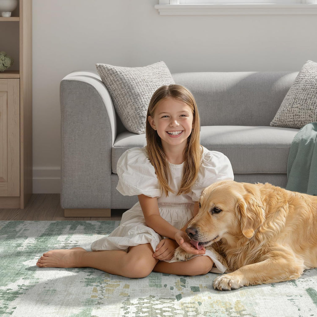 DCX Abstract Area Rug 10x14, Washable Sage Green Modern Rug for Living Room, Kid & Pet Friendly with Rubber Back Non Slip, Soft Low Pile Carpet, Stain Resistant Rug for Bedroom, Office, Dining Room