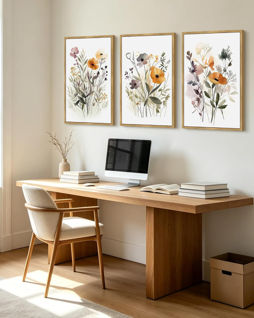 KUVIOKE Wildflower Bouquet Framed Wall Art Modern Flower Botanical Pictures Illustrations Colorful Floral Hanging Bedroom Dining Living Room Decor 24x36in (Natural Framed)