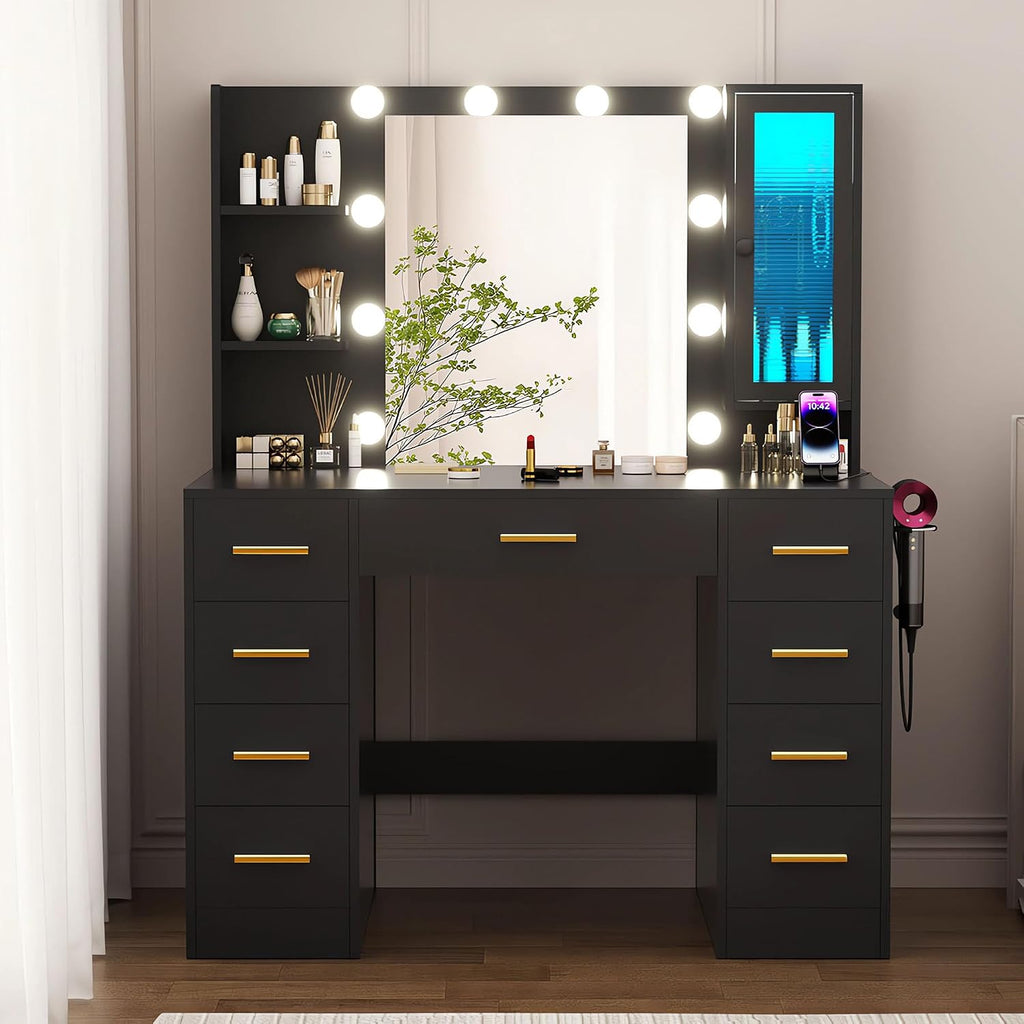 ERLEJIA Vanity Desk with Mirror and Lights, 43' Large Makeup Dressing Table with 9 Drawers, 3 Open Shelves, RGB LED Lighting & Power Outlet, Black