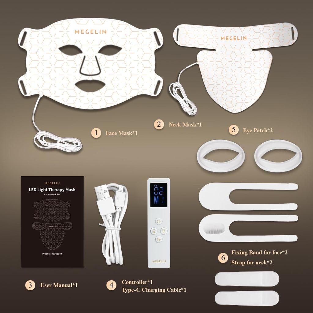 MEGELIN Led Red Light Therapy Face & Neck Mask, 7 Colors Led Light Therapy Facial Mask, Infrared Red Light Therapy Mask, Infrared Light Skin Rejuvenation(White)