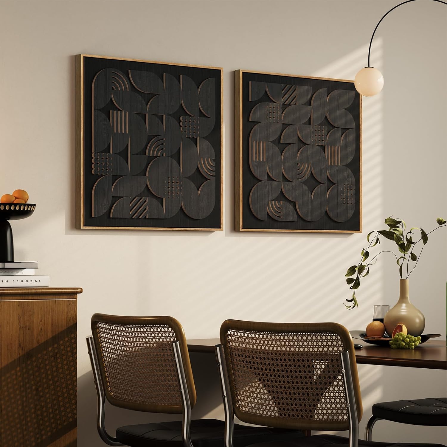 Framed Black Wood Wall Art for Living Room, Set of 2 Large Textured Geometric Abstract Artwork for Walls, Modern Minimalist Wooden Wall Decor for Dinning Room, Hallway, Office, Bedroom, 24x24 Inch