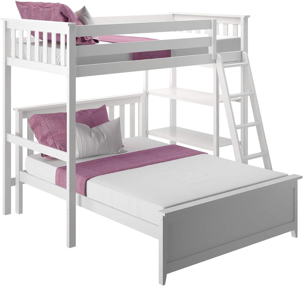 Max & Lily L Shape Twin over Full Bunk Bed with Bookcase, White