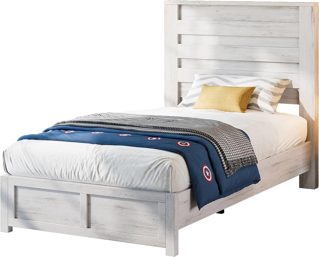 LUXOAK Twin Farmhouse Bed Frame with 49' Fluted Headboard, Wooden Platform Bed with Natural Grain, Noise-Free, No Box Spring Needed, Distressed White