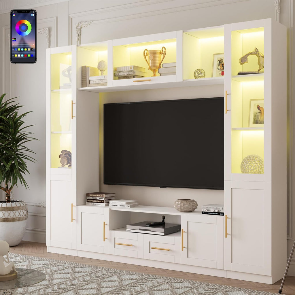 Bobve 94' Wall Unit Entertainment Center for TVs up to 70',Modern TV Console with APP LED Lights,Multifunctional TV Stand with Tempered Glass Door,Drawers & Shelves for Living Room,White