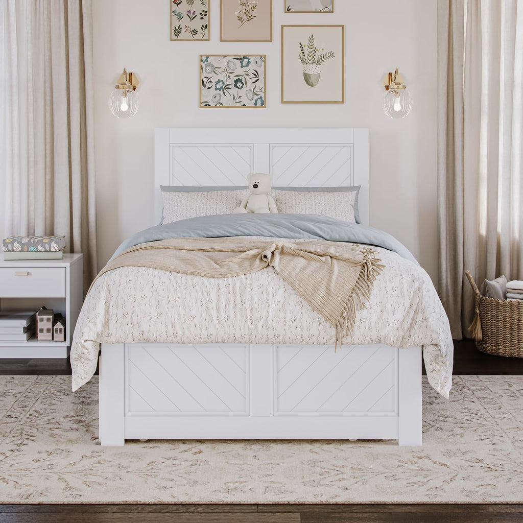 Maykoosh Twin Platform Bed with Matching Footboard & Twin Trundle in White