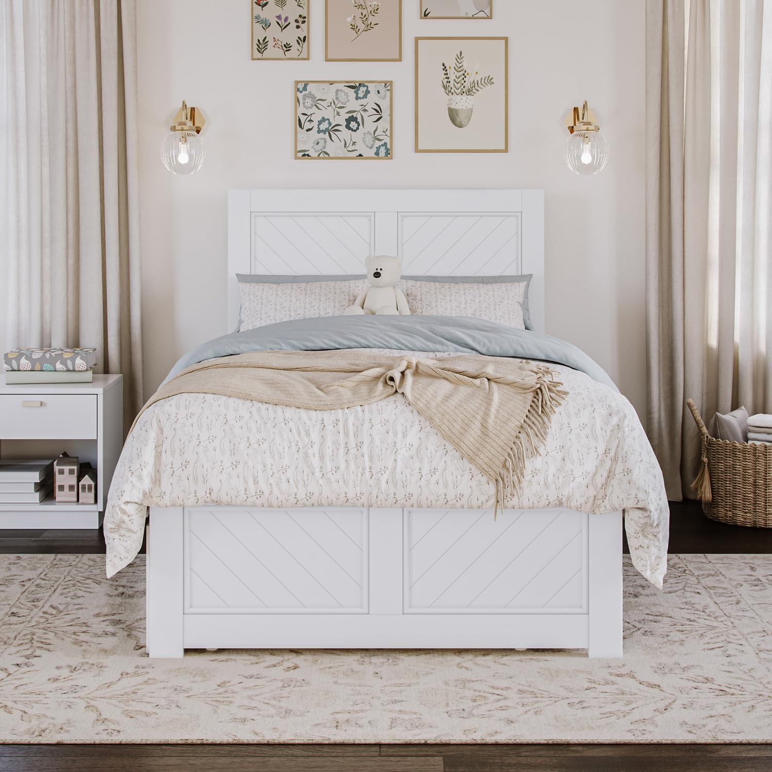 Maykoosh Twin Platform Bed with Matching Footboard & Twin Trundle in White