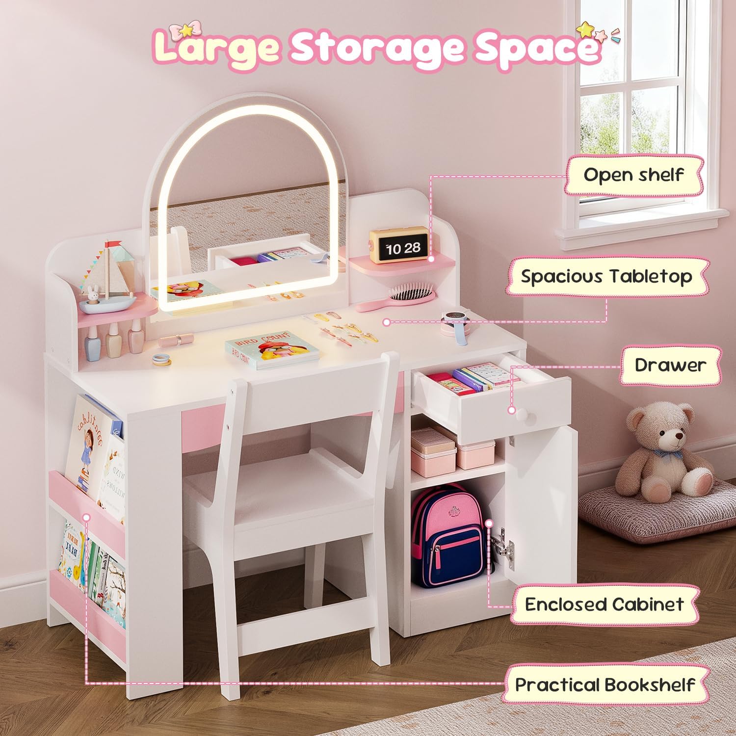 Teckid Kids Vanity Set with Chair and Lights, 2 in 1 Princess Makeup Desk, Toddler Vanity Table with Lighted Mirror, Open Bookshelf, Shelves, Drawers and Storage Cabinet for Little Girls (White)