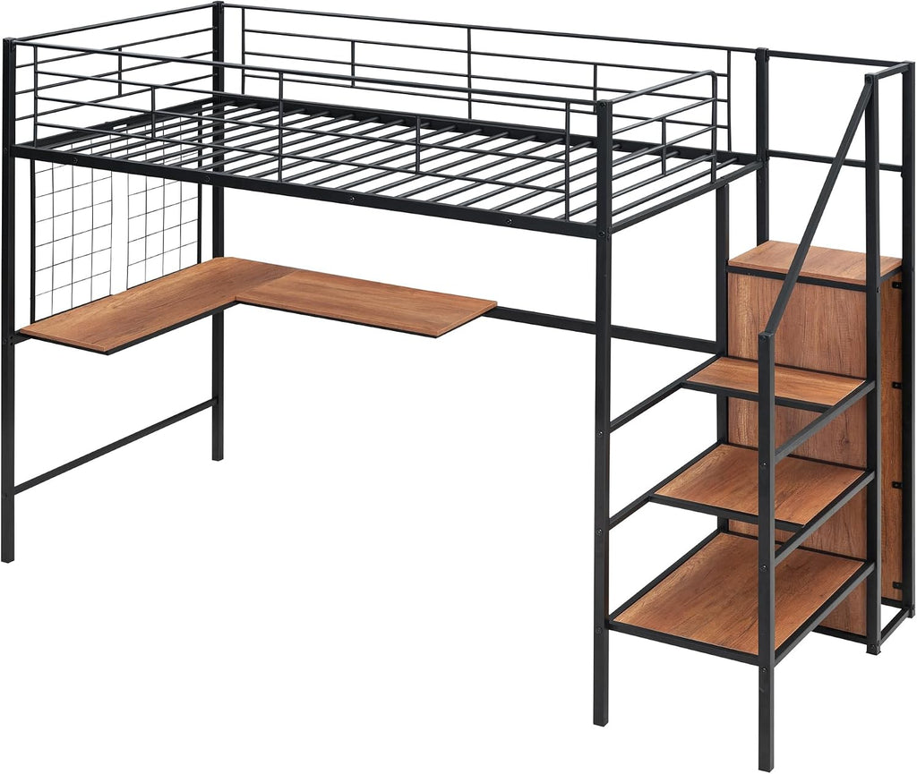JIVOIT Twin Size Metal Loft Bed with L-Shape Desk and Wardrobe, Stylish Metal Frame Bed with Lateral Storage Ladder and Metal Grid, 3-Layers Storage Shelves, Space Saving Design (Black-Wardrobe,Twin)