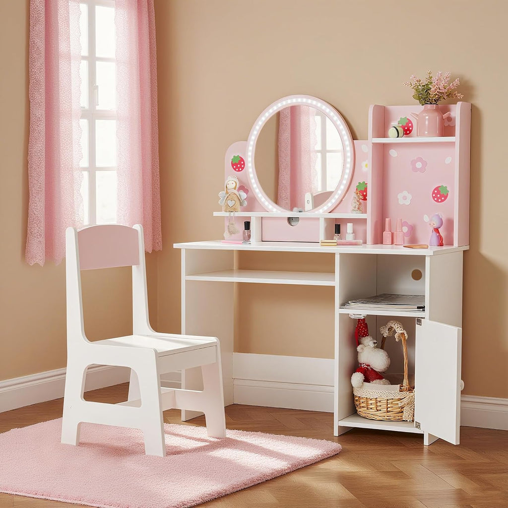 JOYLDIAS Kids Vanity with Lights, Pink Girls Makeup Vanity with Open Bookshelf, Storage Cabinet & Shelves, 2 in 1 Toddler Vanity Desk and Chair Set, Dressing Table for Kids 3+