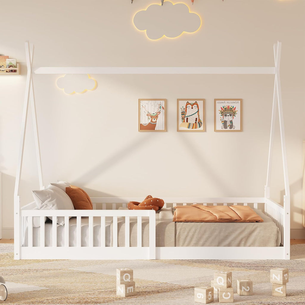 JIVOIT Twin Size Wood House Bed with Fence, House Platform Bed with Roof, Twin Montessori Bed Frame, Wood Slats Support, No Box Spring Needed (White/74)