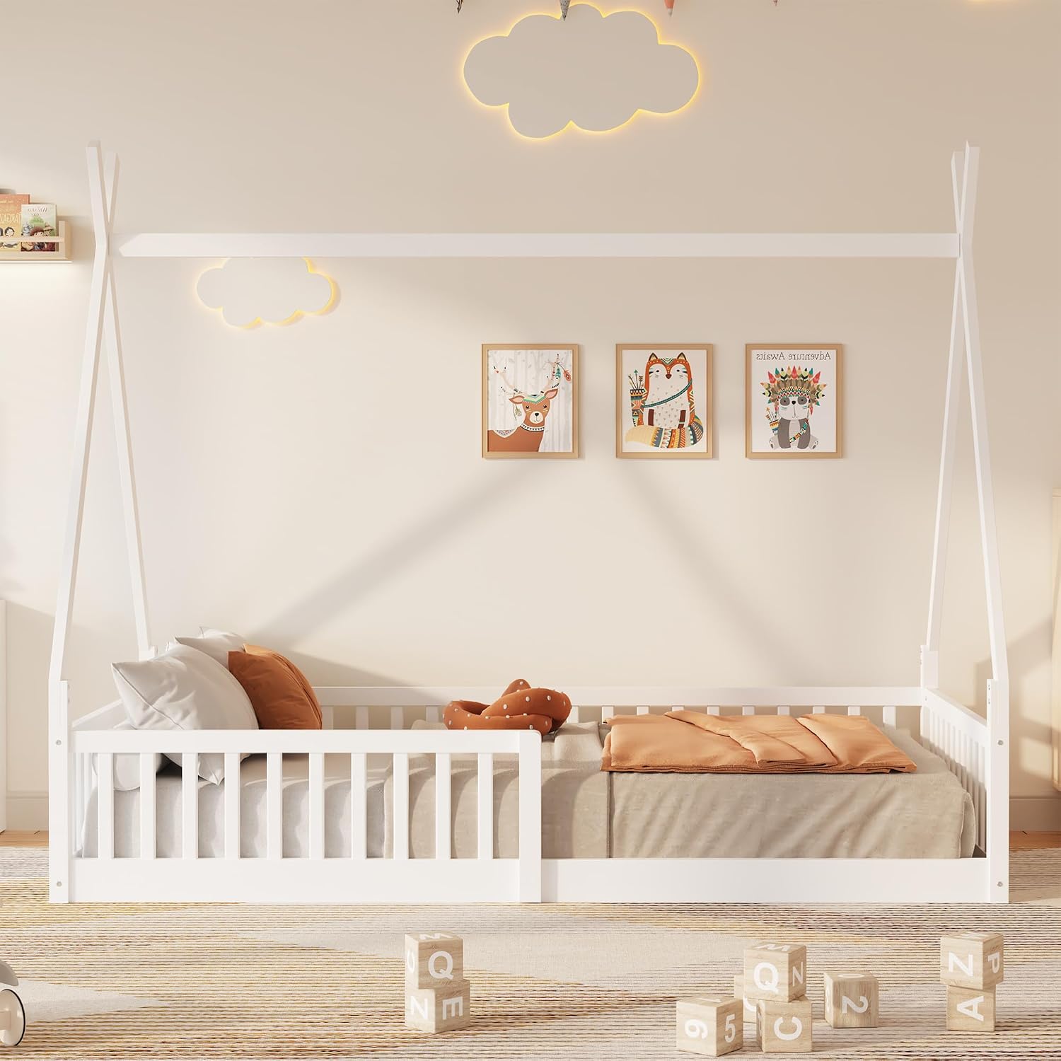 JIVOIT Twin Size Wood House Bed with Fence, House Platform Bed with Roof, Twin Montessori Bed Frame, Wood Slats Support, No Box Spring Needed (White/74)