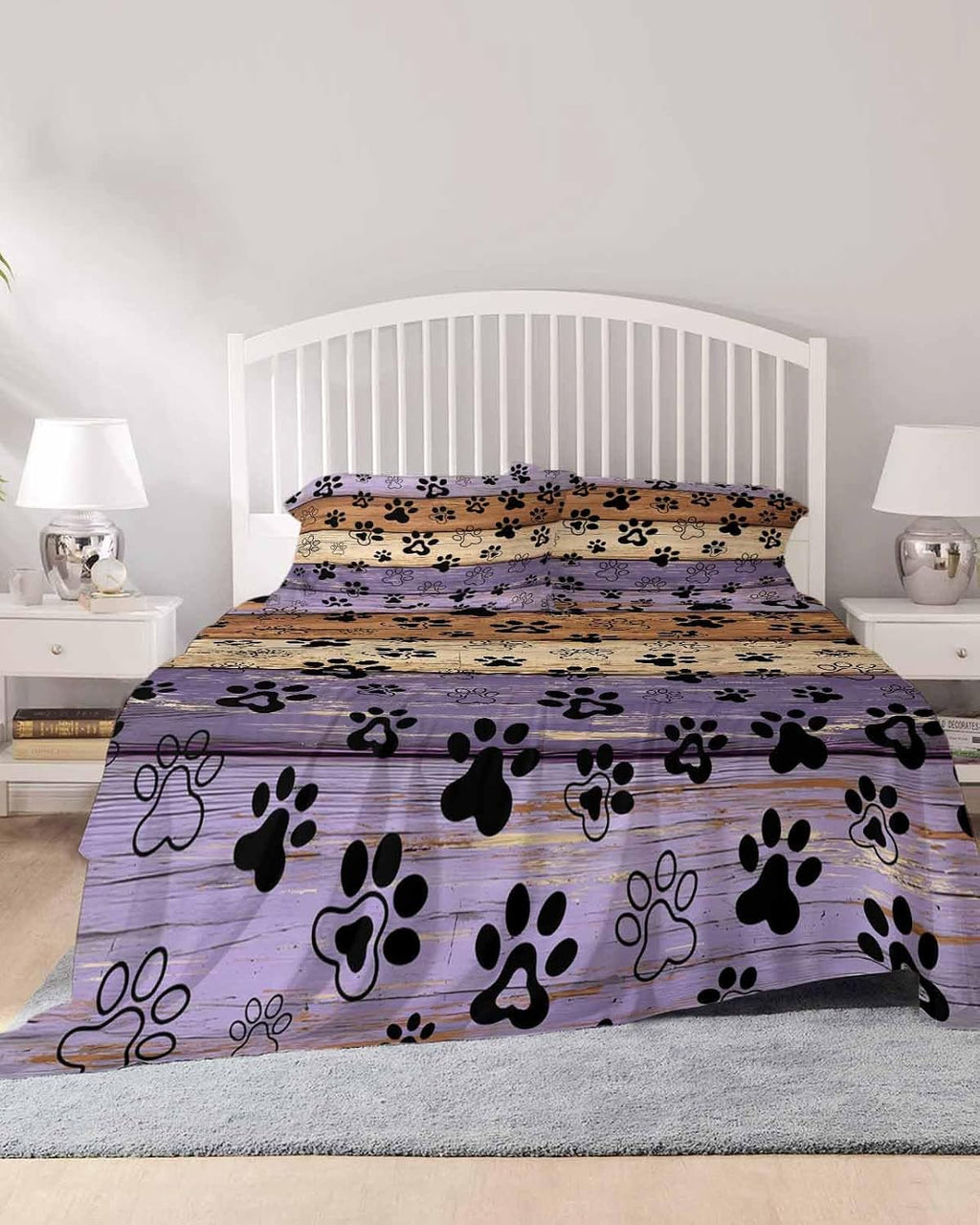 Purple Brown Cal King Sheet Set 4 Piece Bedding - Rustic Farmhouse Dog Paw Vintage Breathable Comfy Cooling Bed Sheets & Pillowcase Sets, Hotel Luxury Flat Sheets Deep Pockets Fitted Sheet