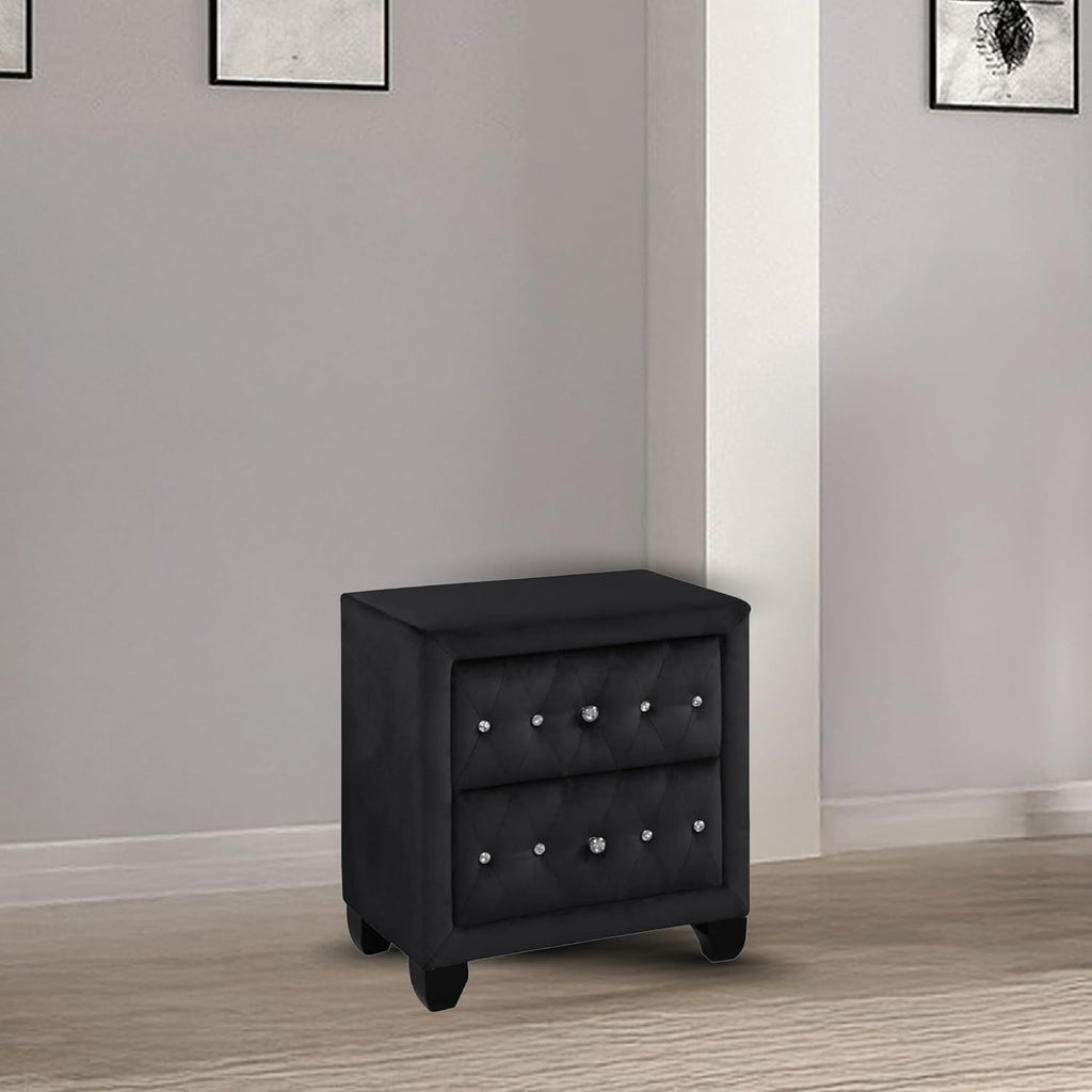 Sophia Modern Style Crystal Tufted 2-Drawer Nightstand Upholstered with Velvet Fabric Made with Wood in Black