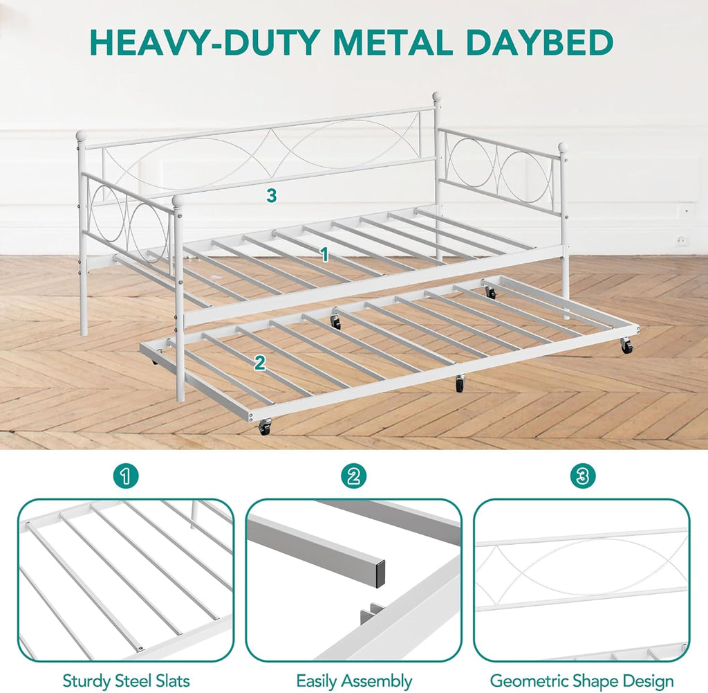 IDEALHOUSE Twin daybed with Trundle, Metal Twin Daybed and Trundle Set, Day Bed Sofa Bed Frame with Steel Slat Support, Multifunctional Daybed Frame for Bedroom (Modern - White)