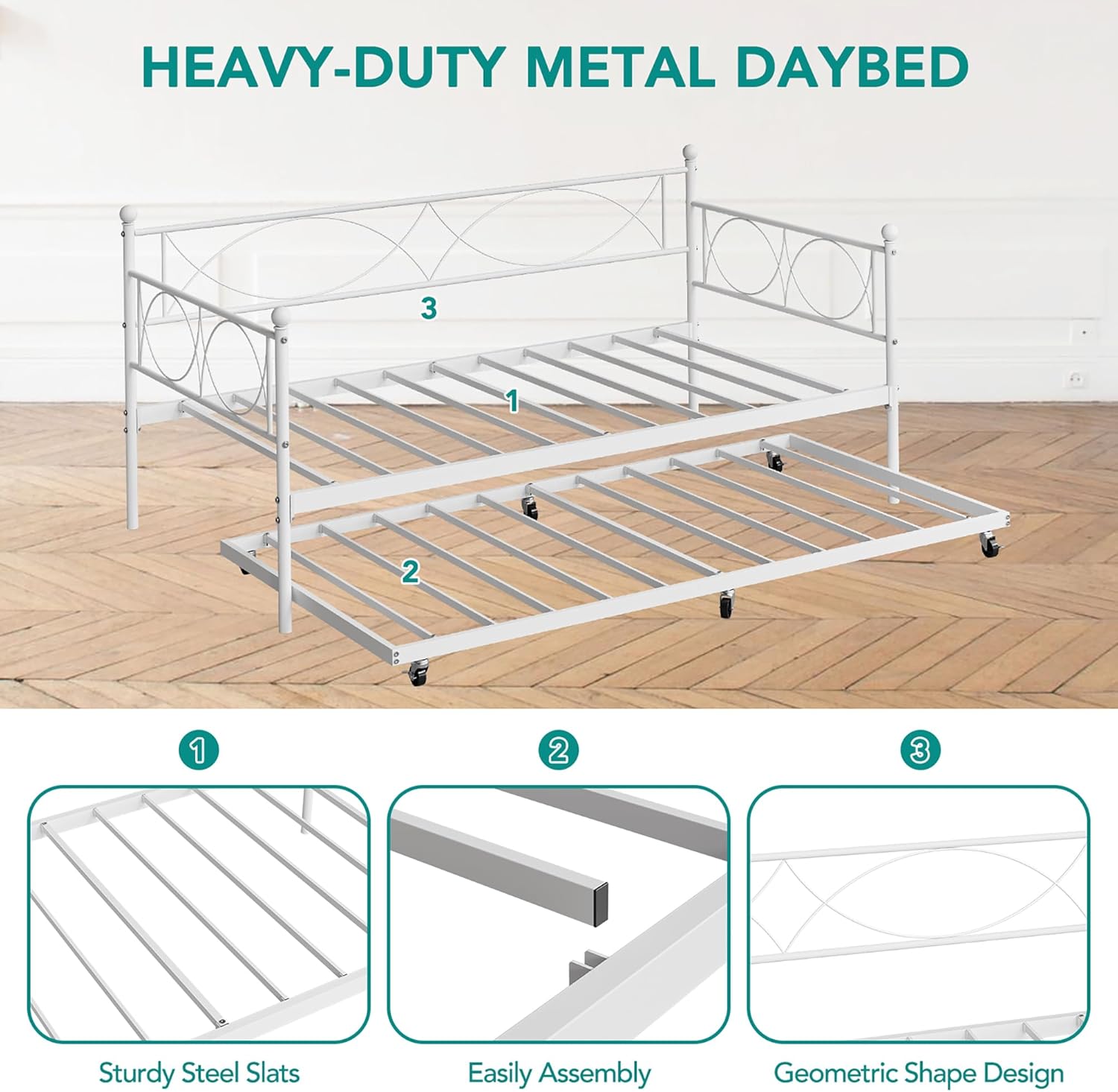 IDEALHOUSE Twin daybed with Trundle, Metal Twin Daybed and Trundle Set, Day Bed Sofa Bed Frame with Steel Slat Support, Multifunctional Daybed Frame for Bedroom (Modern - White)