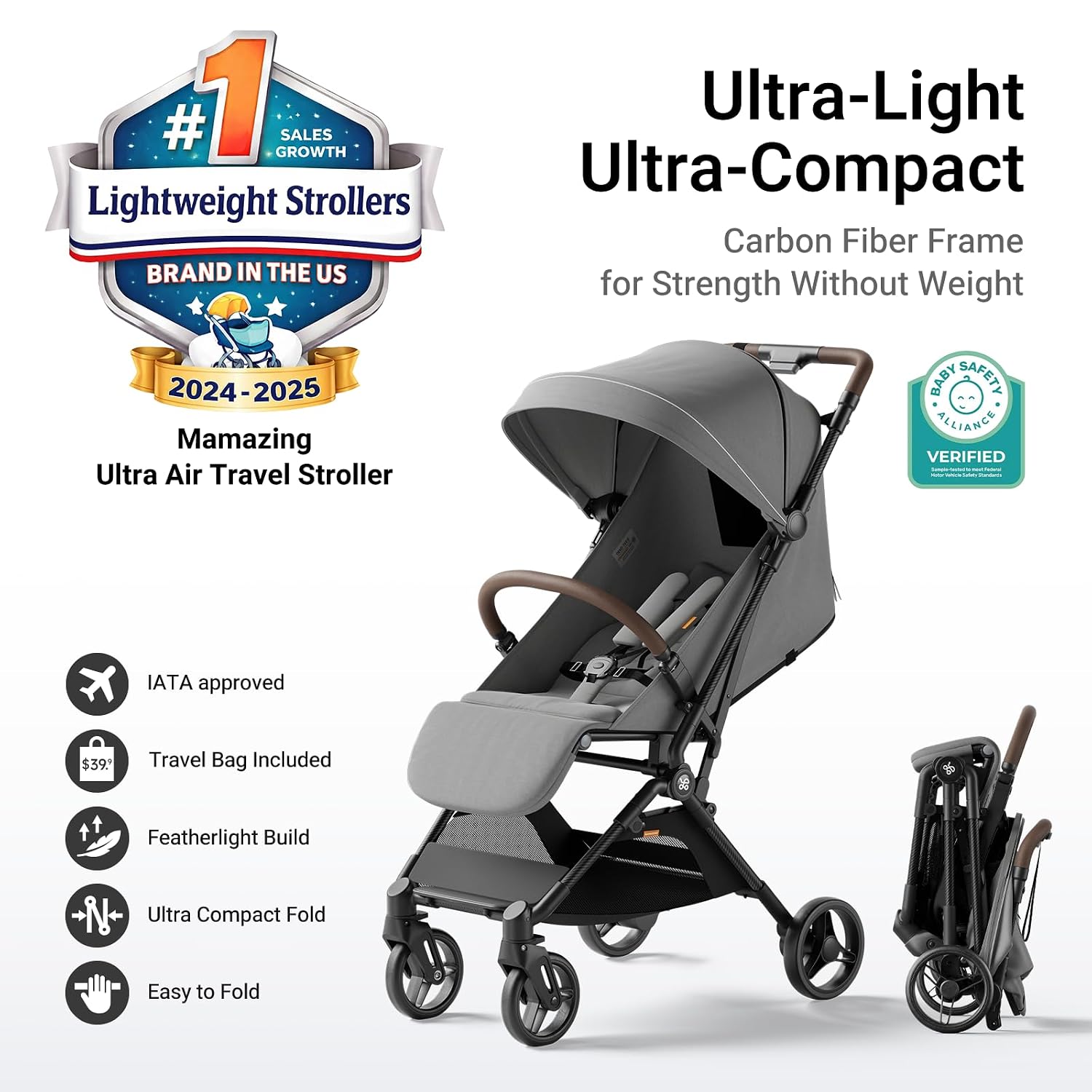 MAMAZING Ultra Air Lightweight Baby Travel Stroller with Carbon Fiber Frame, Compact & Airplane-Friendly, One-Handed Fold, 11.6 lbs, Perfect for Toddlers, Grey
