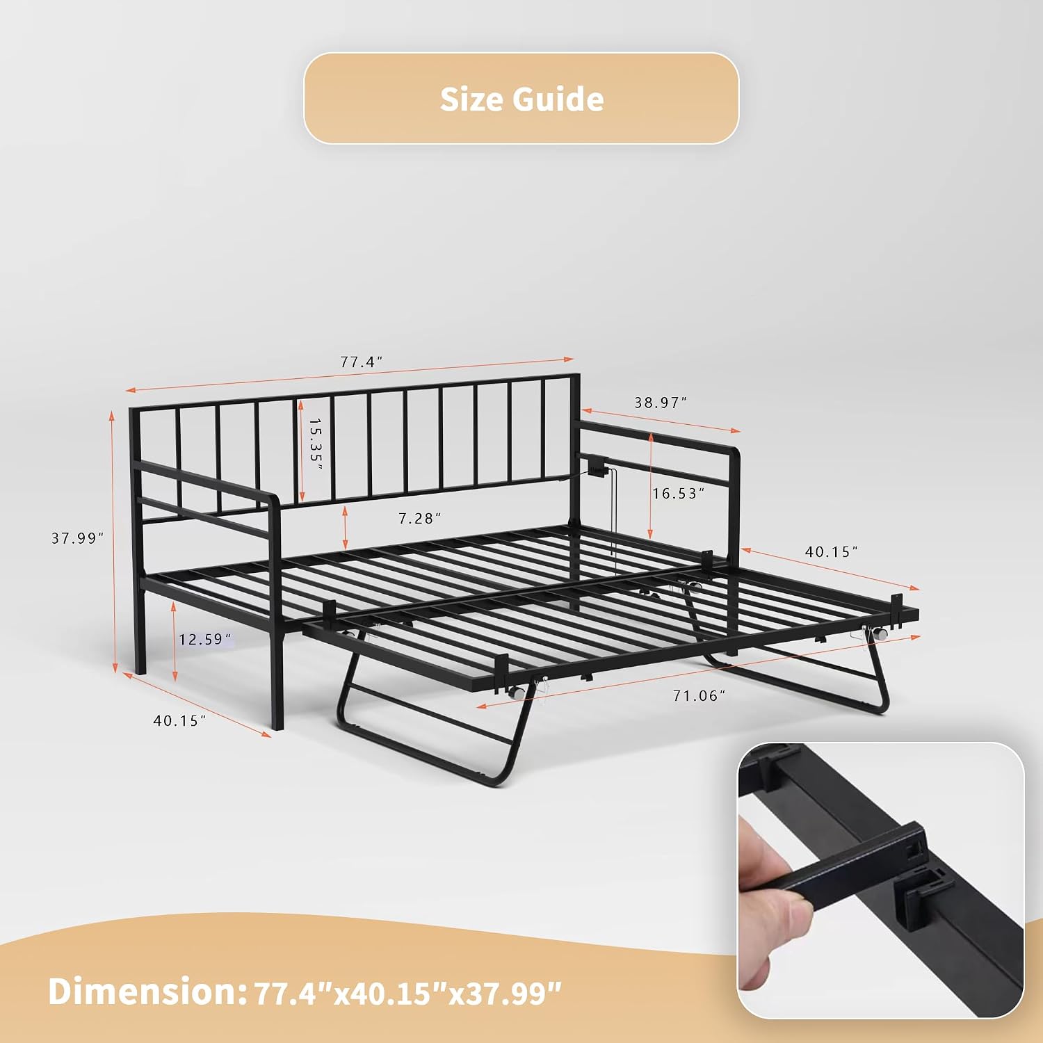 Twin Daybed with Trundle, Day Bed with Charging Station & LED Lights, Metal Sofa Bed Frame with Pop Up Trundle for Living Room, Bedroom, Guest Room, Apartment and Small Spaces (Black, Twin)