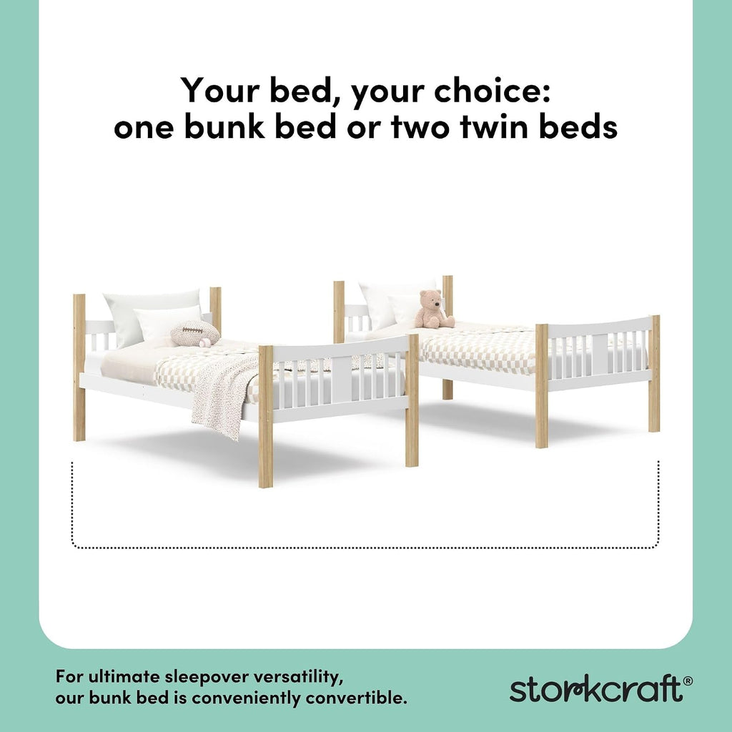Storkcraft Caribou Bunk Bed Twin Over Twin Bunk Bed (White with Natural) - GREENGUARD Gold Certified, Converts to 2 Individual Beds