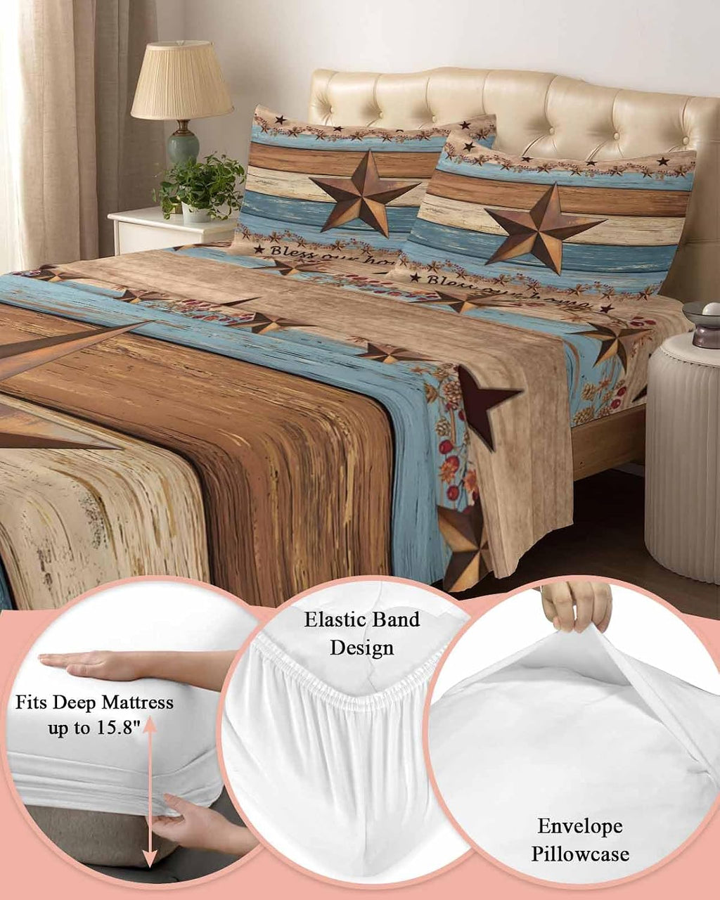Western Texas Star Retro Cal King Sheet Set 4 Piece Bedding - Vintage Farmhouse Blue Brown Wood Grain Breathable Comfy Cooling Bed Sheets & Pillowcase Sets, Hotel Flat Sheets Deep Pockets Fitted Sheet